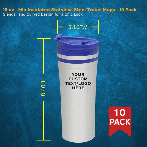 Personalized 15 oz. Mia Insulated Stainless Steel Travel Mugs - 10 pack Custom Text, Logo - Blue