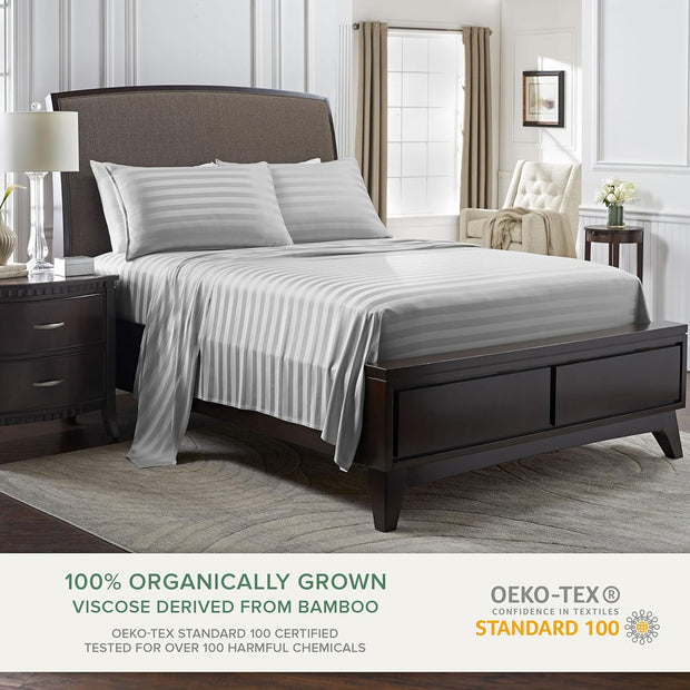 King Sheets by Pure Bamboo, Genuine 100% Organic Viscose Derived from Bamboo Bed Sheet Set, Luxuriously Soft & Cooling, Double Stitching, Lifetime Quality Promise (King, Jacquard Silver)