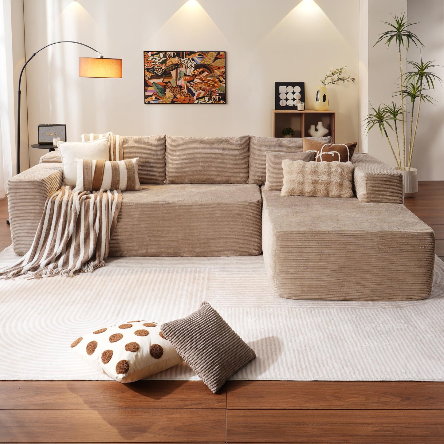 ovios Sectional Cloud Couch for Living Room, Modular Floor Sofa with Plush Corduroy, No Assembly Required, Big Comfy Couches Set with Fluffy Memory Foam, Stupendous U Shaped Sofas with Chaise, Brown