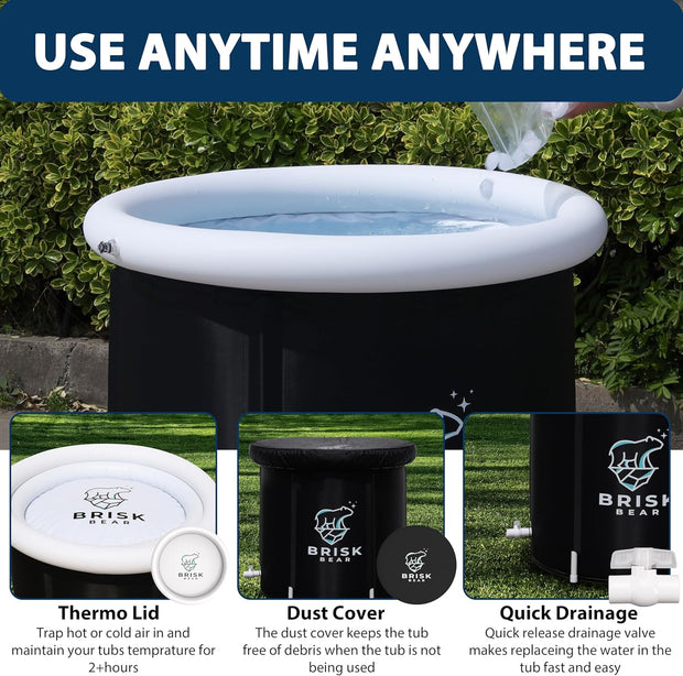 XL Oval Ice Bath Tub for Athletes with Cover by Brisk Bear - Extra Large Cold Plunge Tub for Recovery - Ice Bath Plunge Pool with Digital Timer - Cold Plunge to Soothe Muscles - Black Ice Tub