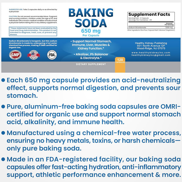 Natural Baking Soda Capsules - 650mg Baking Soda Tablets for Kidney & Stomach Acid - Sodium Bicarbonate Pills, Bicarbonate of Soda, Bicarbonato de Sodio para Tomar, Sodium Bicarbonate 650 mg Tablets
