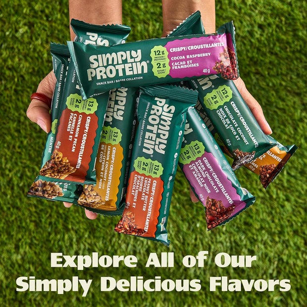 Simply Protein - Crispy Vegan Protein Bars Variety Pack, 3 Flavors - Plant Based, Protein Snacks - 13g Protein, 2g Sugar, 7g Fiber - Gluten Free, Non GMO, Kosher - 12 Bars