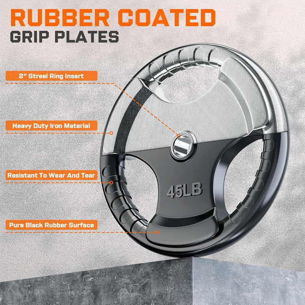 XDDIAS Rubber Weight Plates for Barbell, 2-Inch Olympic Grip Plate for Strength Training, Weightlifting and Bodybuilding in Home & Gym, Solid Cast Iron Weight Plates Pair and Sets