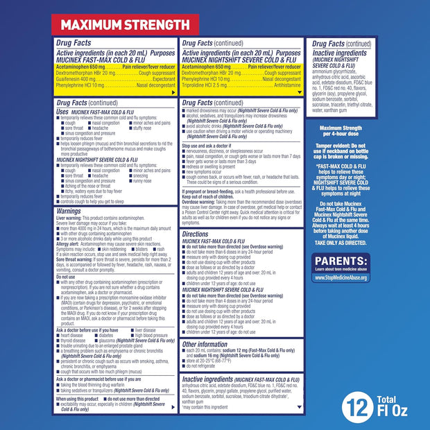 Mucinex Maximum Strength Fast-Max Cold & Flu and Nightshift, All-in-One Multi Symptom Relief Liquid, 6 Fl Oz - 2 Count (Pack of 1)