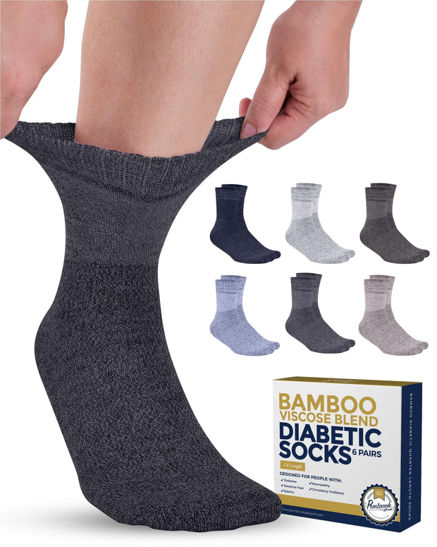 Pembrook Bamboo Viscose Diabetic Socks for Women & Men - 6 Pairs Ankle Socks for Swollen Feet | Neuropathy Socks | Edema Neuropathy Socks for Women | Diabetic Socks Women 9-12