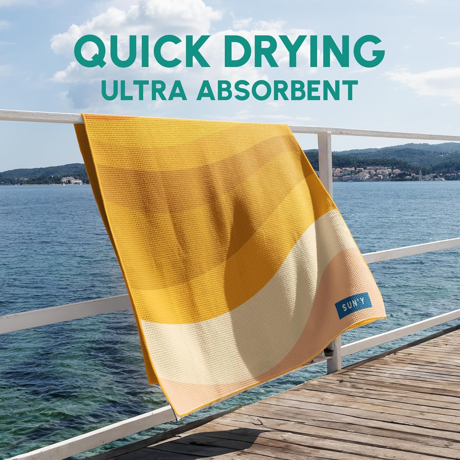 SUN'Y Waffle Microfiber Beach Towel – Sand Free, Quick Dry, Ultra Absorbent, Lightweight & Compact Travel Towel with Carry Bag - Large (63” x 31.5”), Boho