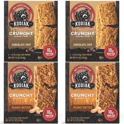 Kodiak Cakes Crunchy Granola Bar Variety Pack - Peanut Butter (2 boxes) and Chocolate Chip (2 boxes) High Protein Granola Bar Snack - 100% Whole Grain Granola Bars Bulk - (24) Total Pouches