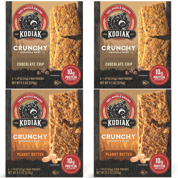 Kodiak Cakes Crunchy Granola Bar Variety Pack - Peanut Butter (2 boxes) and Chocolate Chip (2 boxes) High Protein Granola Bar Snack - 100% Whole Grain Granola Bars Bulk - (24) Total Pouches