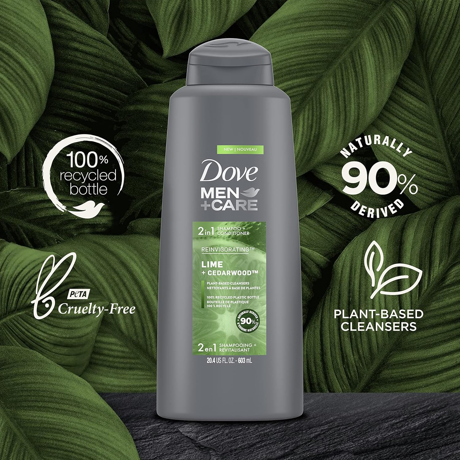 DOVE MEN + CARE 2 in 1 Shampoo and Conditioner For Healthy-Looking Hair Lime + Cedarwood Naturally Derived Plant Based Cleansers 20.4 oz 3 Count