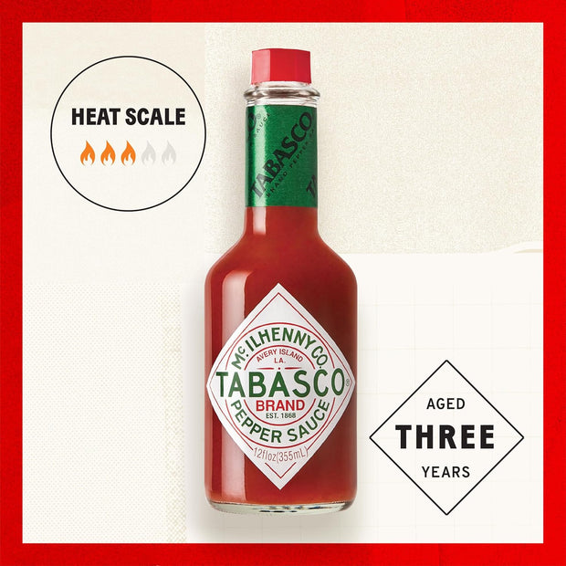 TABASCO Brand Original Red Pepper Hot Sauce, Medium Heat, Glass Bottle, Classic & Versatile Flavor, Three Simple Ingredients, Great for Dips, Tacos, Eggs, Pizza, Oysters & More, 12 Fl Oz (Pack of 1)