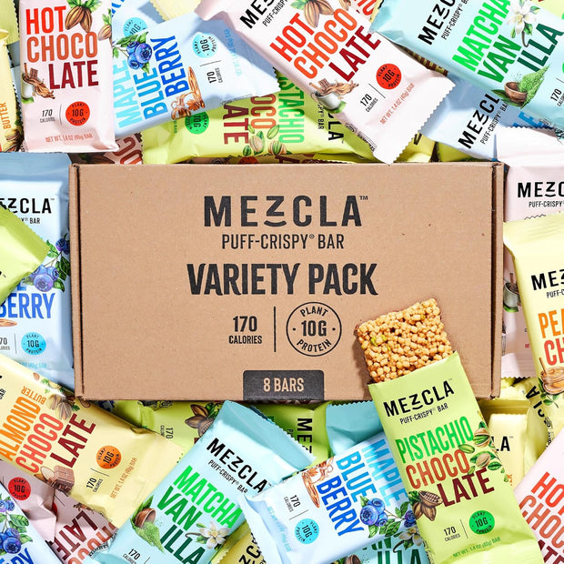 Mezcla Puff Crispy Protein Bars, Gluten Free & Vegan Protein Bars, 10g Protein, Alt for Crispy Rice Treat, Granola Bars & Breakfast Bars, Healthy Snacks for Adults, Variety Pack, 8 Count