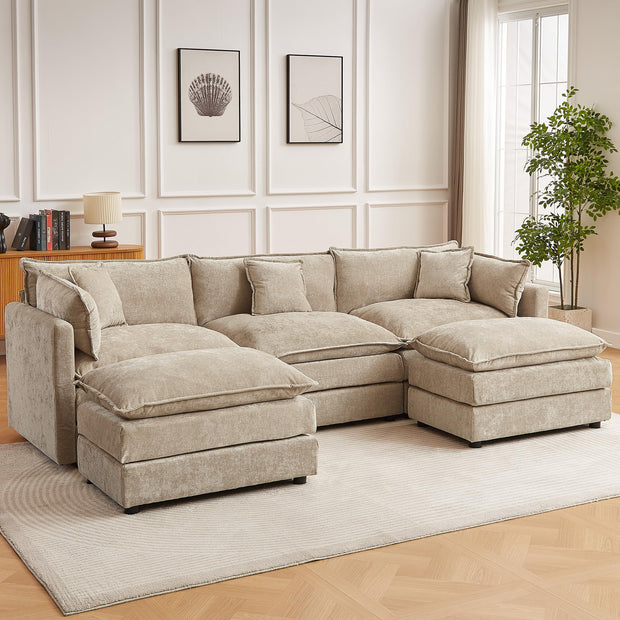 Modular Sectional Sofa, 112.2 Inch L Shaped Couch Set with Armrests, 3-Seater Comfy Cloud Couches with Movable Ottoman for Living Room Apartment, Coffee with 1 Ottoman