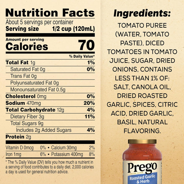 Prego Pasta Sauce, Italian Tomato Sauce with Roasted Garlic & Herbs, 24 Ounce Jar