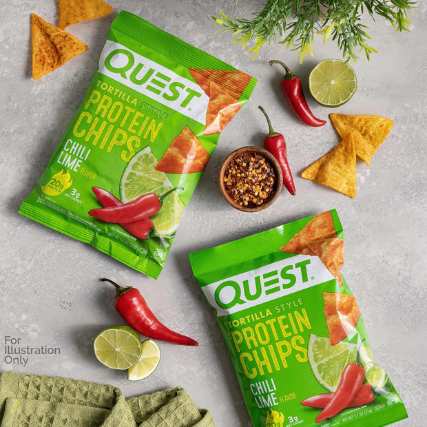 Quest Nutrition Chili Lime Tortilla Style Protein Chips, 20g Protein, 3g Net Carbs, Low Carb, Gluten Free, 1.1 oz (Pack of 4)