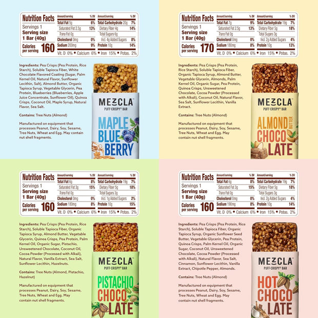 Mezcla Puff Crispy Protein Bars, Gluten Free & Vegan Protein Bars, 10g Protein, Alt for Crispy Rice Treat, Granola Bars & Breakfast Bars, Healthy Snacks for Adults, Variety Pack, 8 Count