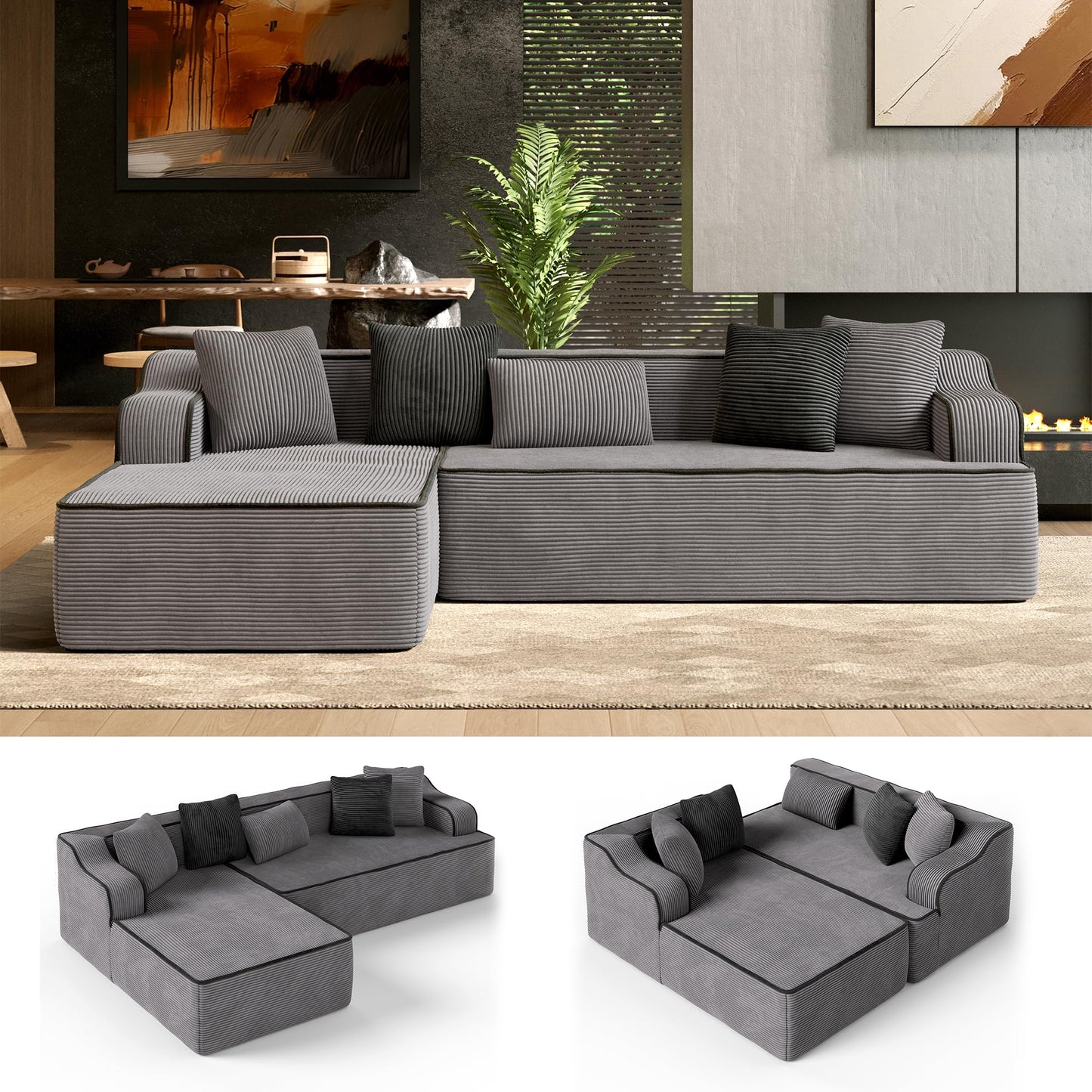 HERA'S HOUSE 104" Sofa with Chaise, L-Shaped Modern Modular Cloud Couch, Corduroy Fabric Plush Deep Seating with 5 Pillows, No Assembly Required Upholstered Living Room Furniture for Apartments