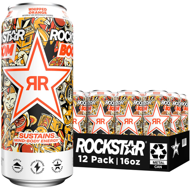 Rockstar, Boom Energy Drink with Caffeine and Taurine Packaging May Vary, Whipped Strawberry, 16 Fl Oz (Pack of 12)