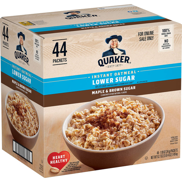 Quaker Instant Oatmeal Lower Sugar, 4 Flavor Variety Pack 44 Count (Pack of 1)