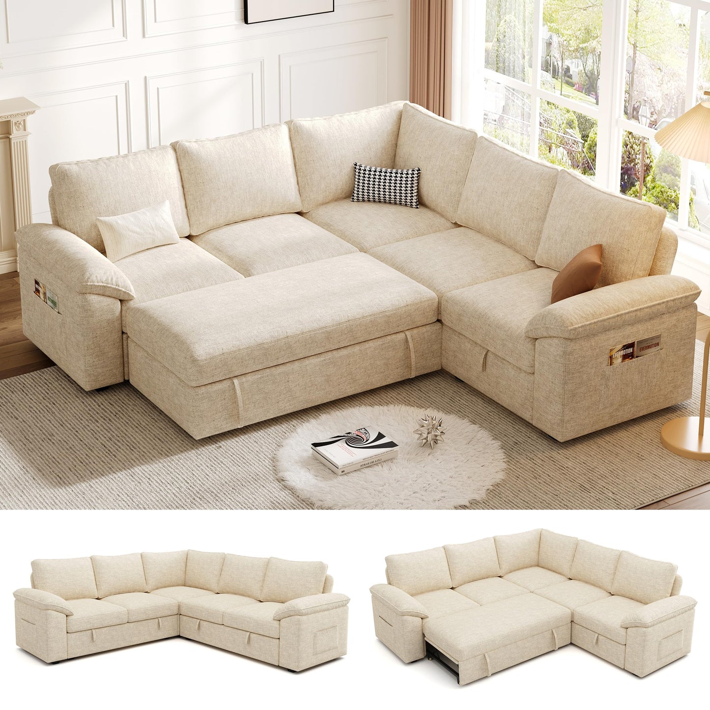 108 Inch Sectional Sleeper Sofa with Pull Out Bed, U Shaped 7 Seat Modular Sectional Sofa with Storage, Sectional Couches for Living Room, Cloud Modular Couch, Removable Sofa Cover, Dark Grey