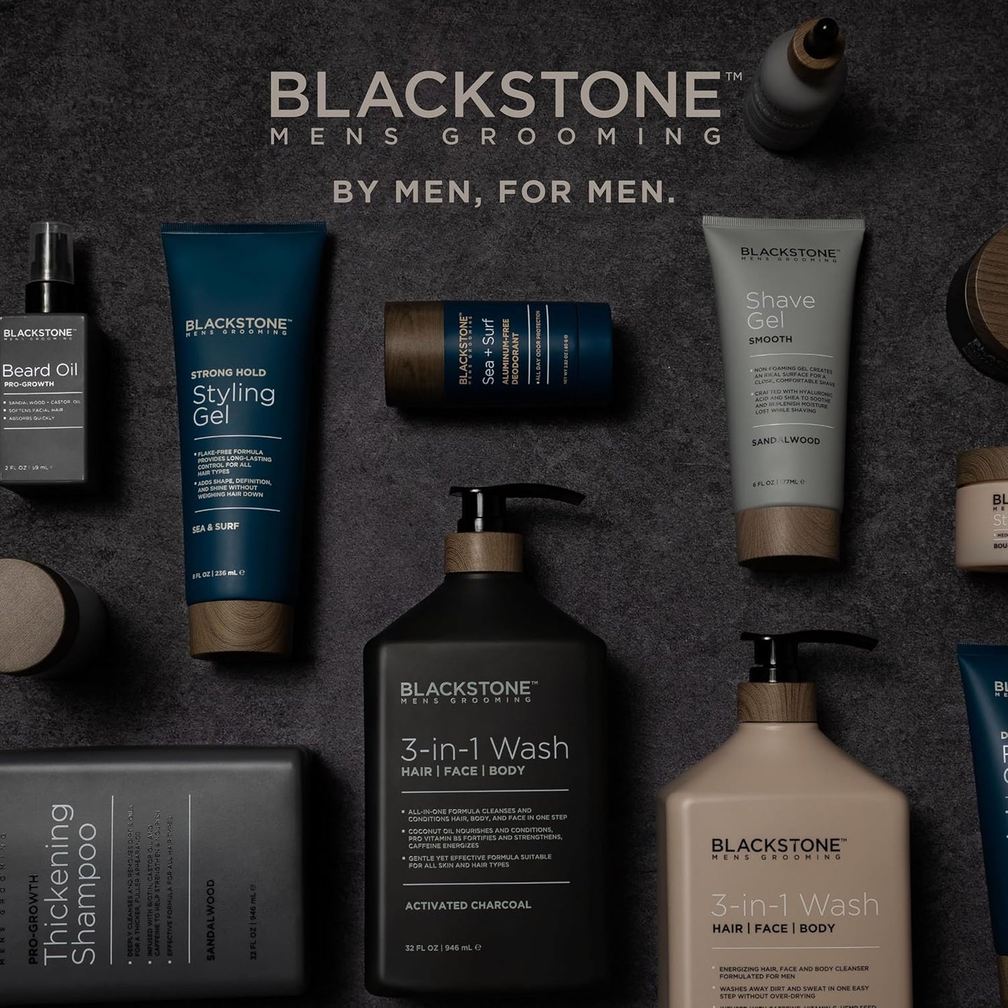 Blackstone Men's Grooming 3-in-1 Wash for Men with Coconut Oil, Vitamin B5 and Caffeine | Cleanses & Conditions Hair, Body, & Face | For All Skin & Hair Types - Activated Charcoal (32 Fl Oz)