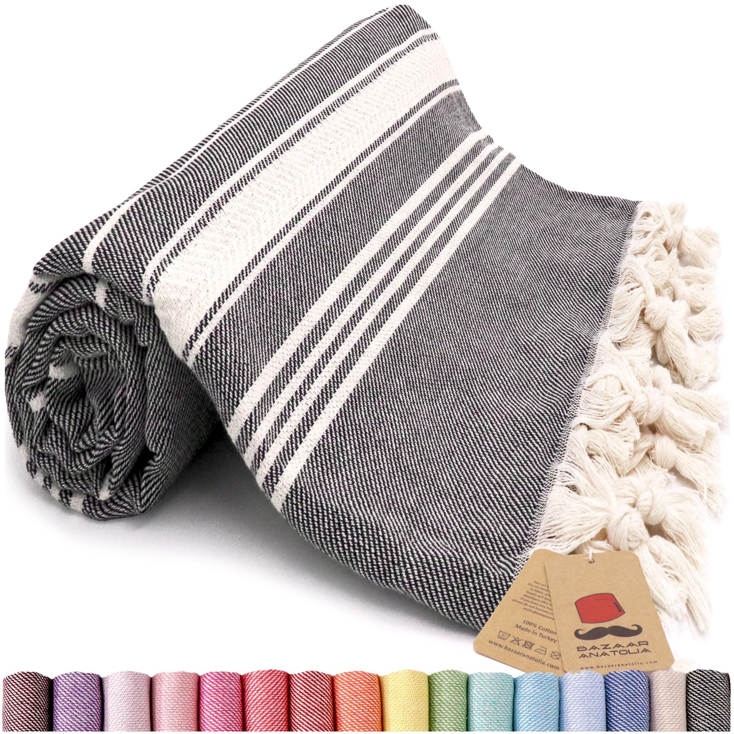 Bazaar Anatolia Turkish Beach Towel – 100% Cotton, Quick Dry, Lightweight and Sand Free – Perfect for Bathroom, Travel, Yoga, Camping, Oversized 71x39 inches - Diamond Black