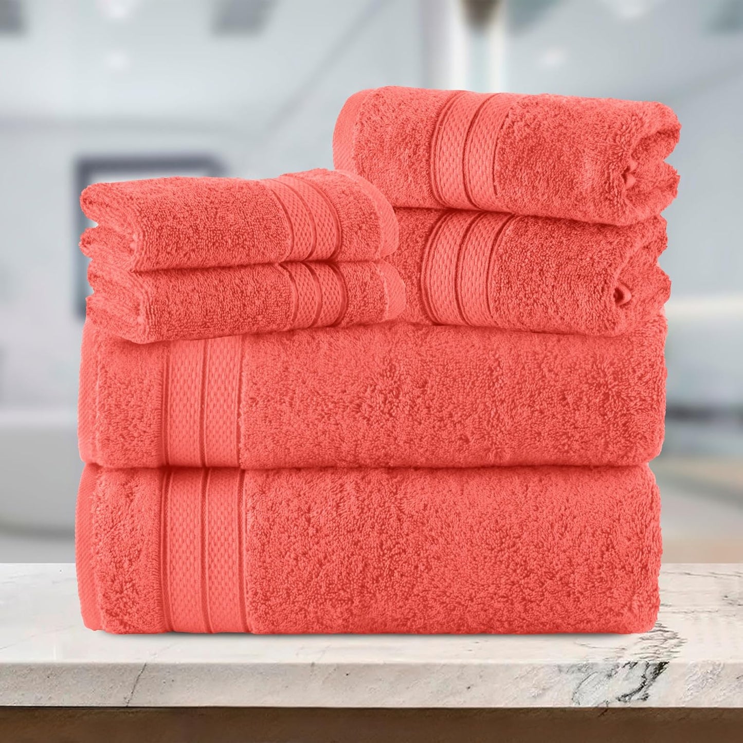 Elegant Comfort Luxury 6-Piece Towel Set, Premium Soft 100% Turkish Cotton, Three Line Popcorn Design 2 Bath Towels, 2 Hand Towels and 2 Washcloths Towel Set - Quick-Drying and Absorbent, Coral