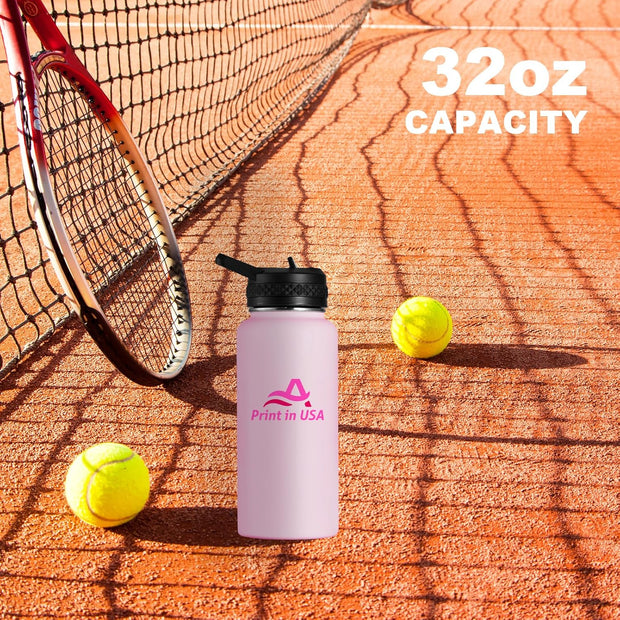 Personalized Custom Print in USA Water Bottle 32oz Stainless Steel Double Wall Coffee Cup with Lid & Straw Insulated Tumbler with Colorful Text Logo Photo