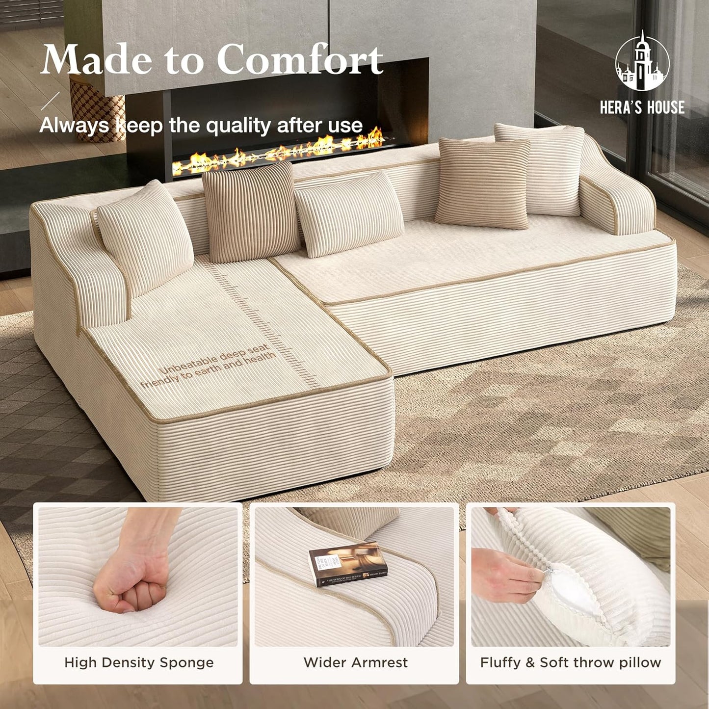 HERA'S HOUSE 104" Sofa with Chaise, L-Shaped Modern Modular Cloud Couch, Corduroy Fabric Plush Deep Seating with 5 Pillows, No Assembly Required Upholstered Living Room Furniture for Apartments