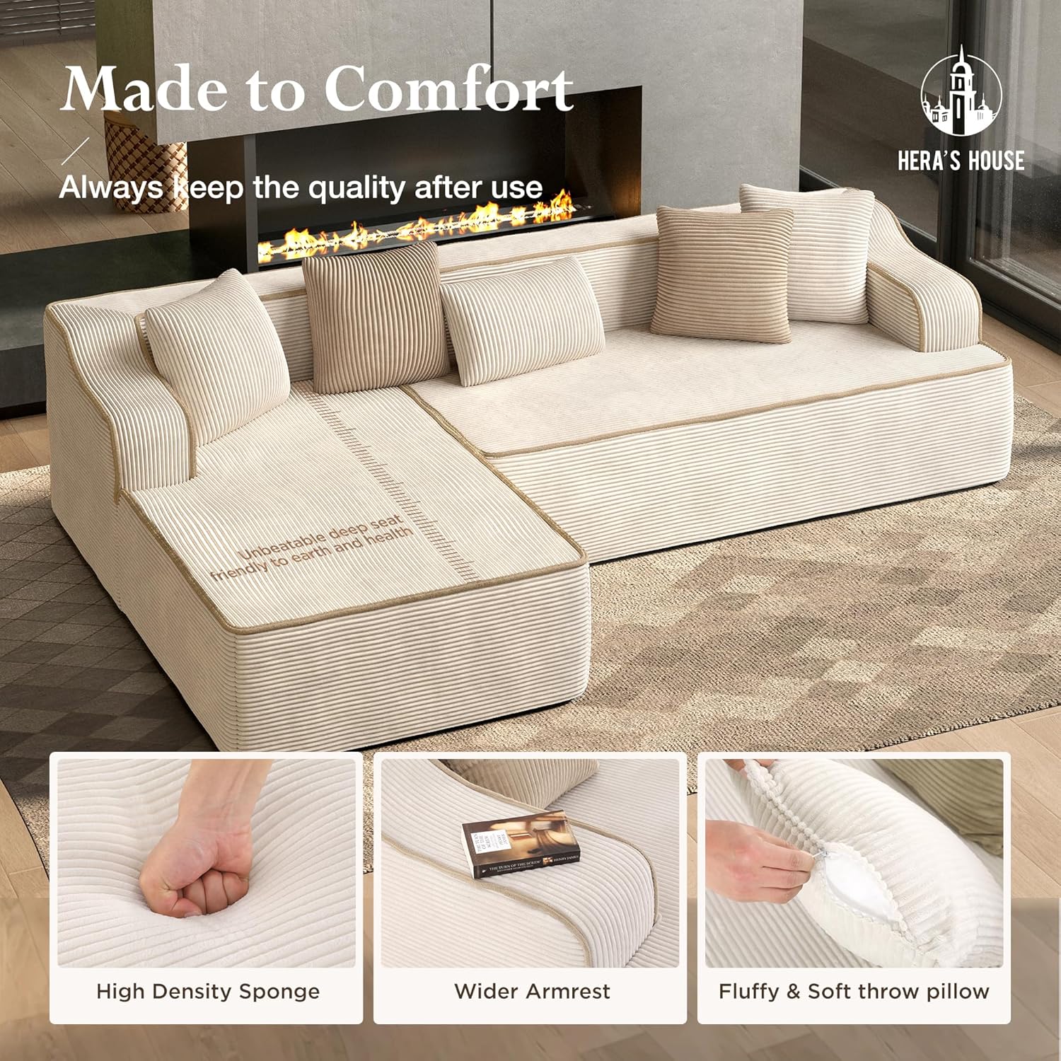 HERA'S HOUSE 104" Sofa with Chaise, L-Shaped Modern Modular Cloud Couch, Corduroy Fabric Plush Deep Seating with 5 Pillows, No Assembly Required Upholstered Living Room Furniture for Apartments