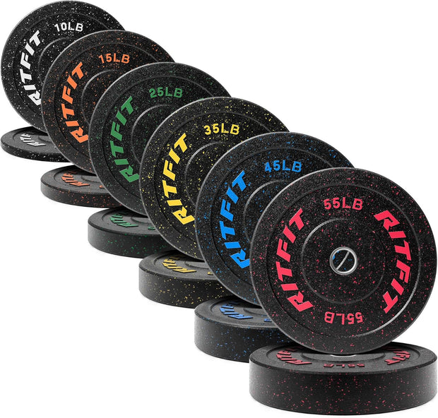 RitFit Bumper Plates, Colored Fleck-Rubber Weight Plates with Steel Insert, 2-inch Olympic Weight Plates for Weight Lifting and Strength Training, 370LB set