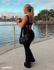 YEOREO Women Workout Scrunch Flare Jumpsuits Sexy Backless Butt Lift Gym Yoga Jumpsuits