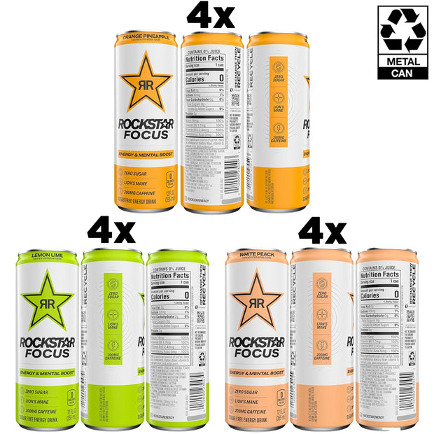 Rockstar Focus, 3 Flavor Variety Pack (White Peach, Lemon Lime, Orange Pineapple), 12 Fl Oz Cans (Pack of 12)