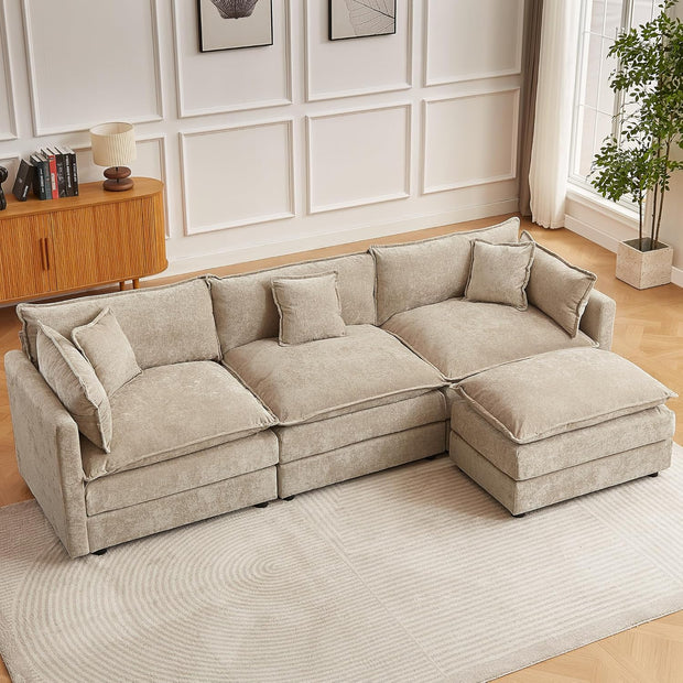 Modular Sectional Sofa, 112.2 Inch L Shaped Couch Set with Armrests, 3-Seater Comfy Cloud Couches with Movable Ottoman for Living Room Apartment, Coffee with 1 Ottoman