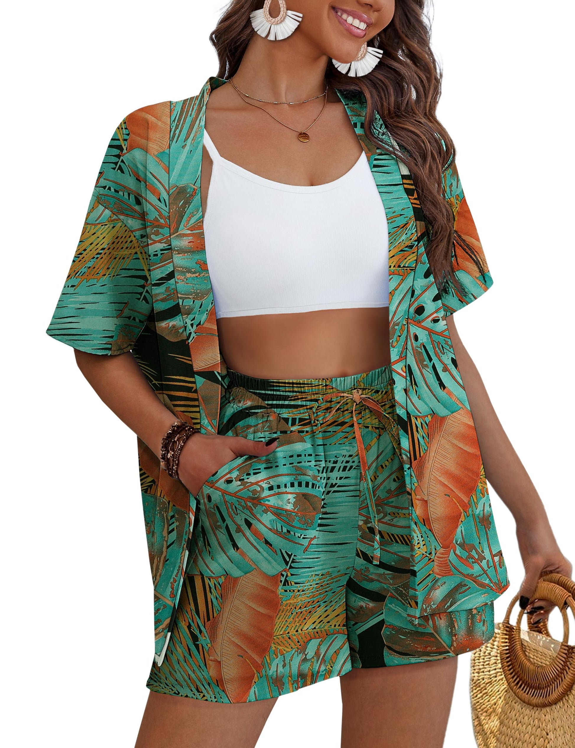 REDHOTYPE Women's 2 Piece Outfits Kimono Style Tropical Print Cover Ups Half Sleeve Blouse Shorts Set Summer Beachwear （S-XL）