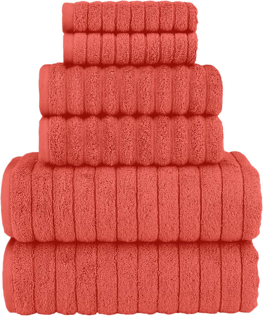 Elegant Comfort 100% Turkish Cotton Corduroy Ribbed Luxury Bath Towels 6-Piece Set, Premium Feel - Quick Dry, Highly Absorbent, Contains 2 Bath Towels, 2 Hand Towels, and 2 Washcloths, Coral