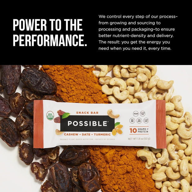 POSSIBLE Snack Bar - Organic Energy Bars with 10g of Plant-Based Protein - Vegan, Gluten-Free, Non-Dairy, USDA Organic - Healthy Fats - Clean Label - 1 Box, 12 Servings - Cashew Date Turmeric