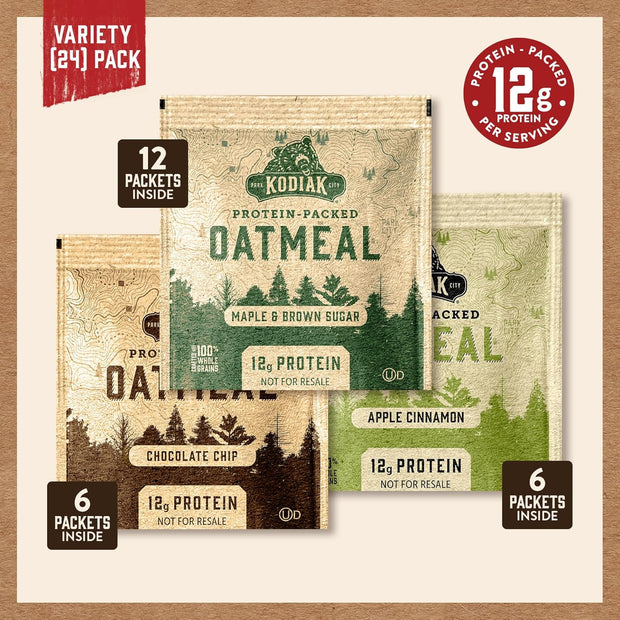 Kodiak Cakes Instant Oatmeal Packets Variety Pack - High Protein - 100% Whole Grains Breakfast Food - Maple & Brown Sugar, Apple Cinnamon, & Chocolate Chip (24 Packets)