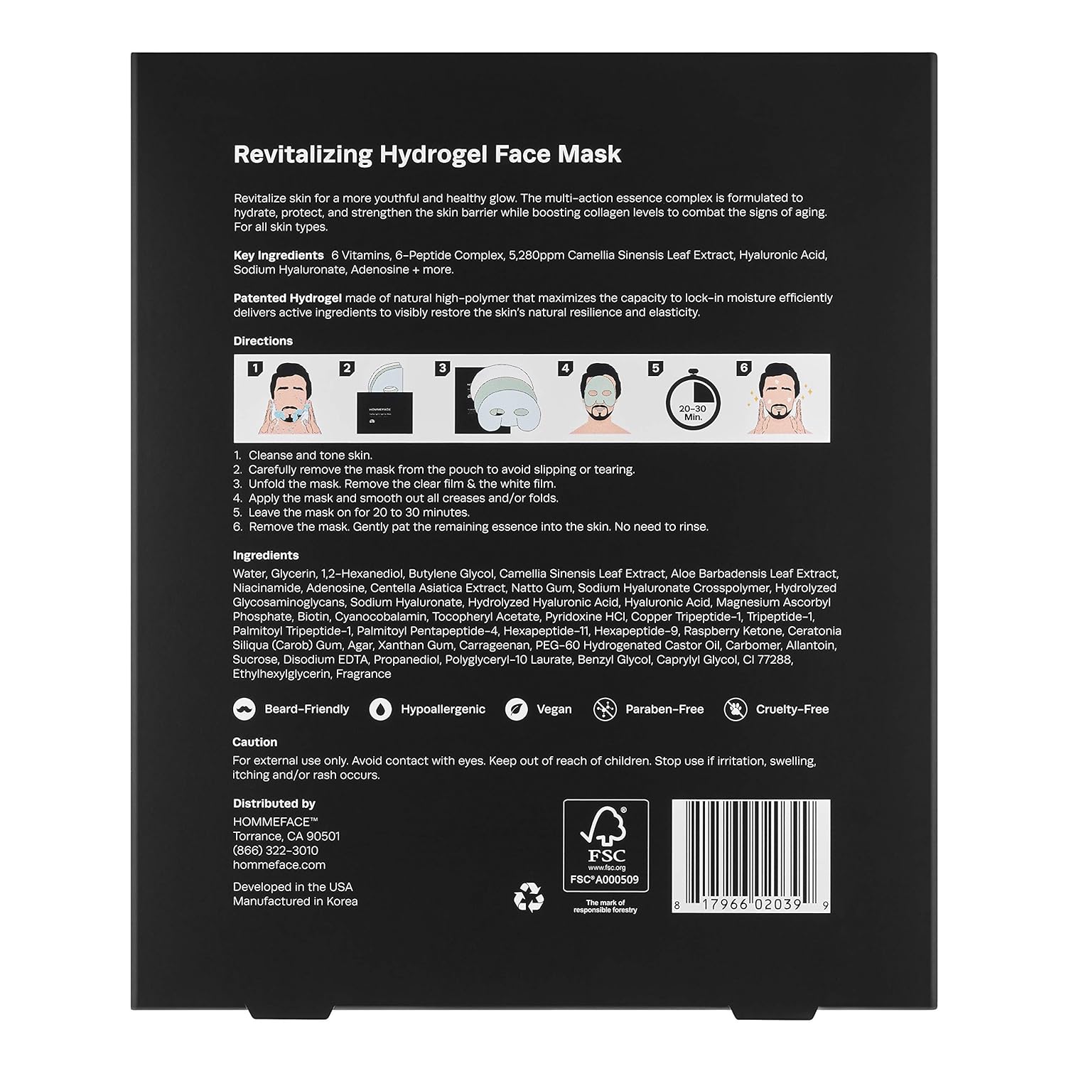 HommeFace Revitalizing Hydrogel Facial Mask Set for Men (5ct) - Hydrating, Anti-aging & Soothing Face Sheet Mask with Hyaluronic Acid, Vitamin B, C, E & Peptides, Beard-Friendly