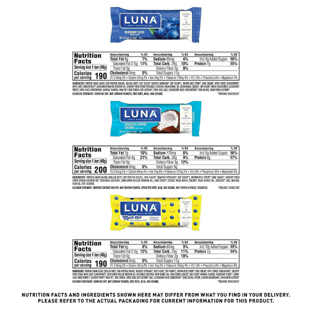LUNA Bar - Variety Pack - 6 Flavors - Snack Bars - Non-GMO - Gluten-Free Protein Bars - Made with Organic Oats (12 Pack)