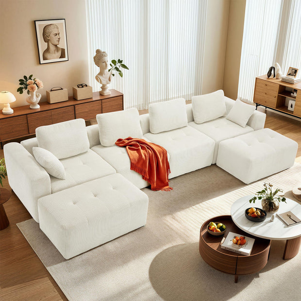 112" Modular Sectional Sofa L-Shaped Couch for Living Room, Comfy Cloud Sofa Modern 3-Seat Sofa with Ottoman, Corduroy Upholstered Boneless Couch with Deep Seat, 5 Pillows, Beige