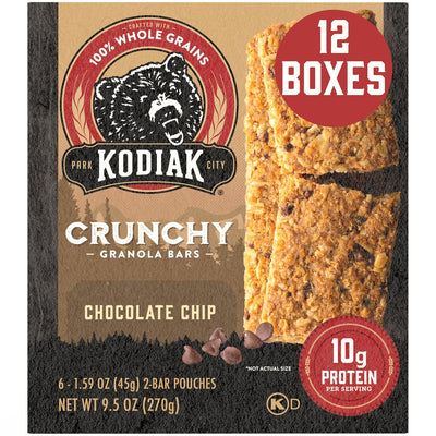 Kodiak Cakes Protein Crunchy Granola Bar, Chocolate Chip, (Pack of 12 Boxes)