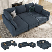 Sectional Sleeper Sofa, 6 Seaters Dark Grey Modular Sleeper Sofa Couch, Comfy Sectionals Couches Bed, Convertible Sofas with Ottomans, Modular Sectional Couches for Living Room