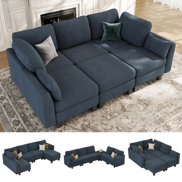 Sectional Sleeper Sofa, 6 Seaters Dark Grey Modular Sleeper Sofa Couch, Comfy Sectionals Couches Bed, Convertible Sofas with Ottomans, Modular Sectional Couches for Living Room