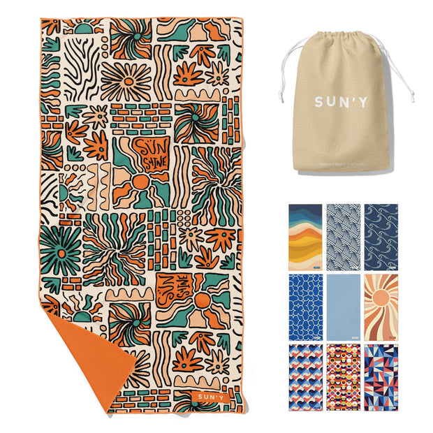 SUN'Y Waffle Microfiber Beach Towel – Sand Free, Quick Dry, Ultra Absorbent, Lightweight & Compact Travel Towel with Carry Bag - Large (63” x 31.5”), Boho