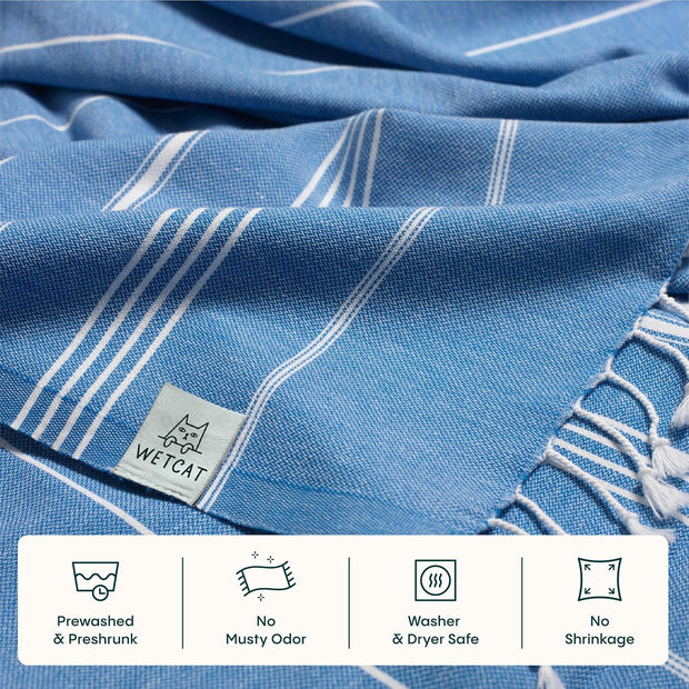 WETCAT Turkish Beach Towel Oversized (38"x71") 100% Turkish Cotton, Made in Turkey - Sand Free, Extra Large, Ultra Soft, Quick Drying, Compact & Lightweight for Travel - Blue