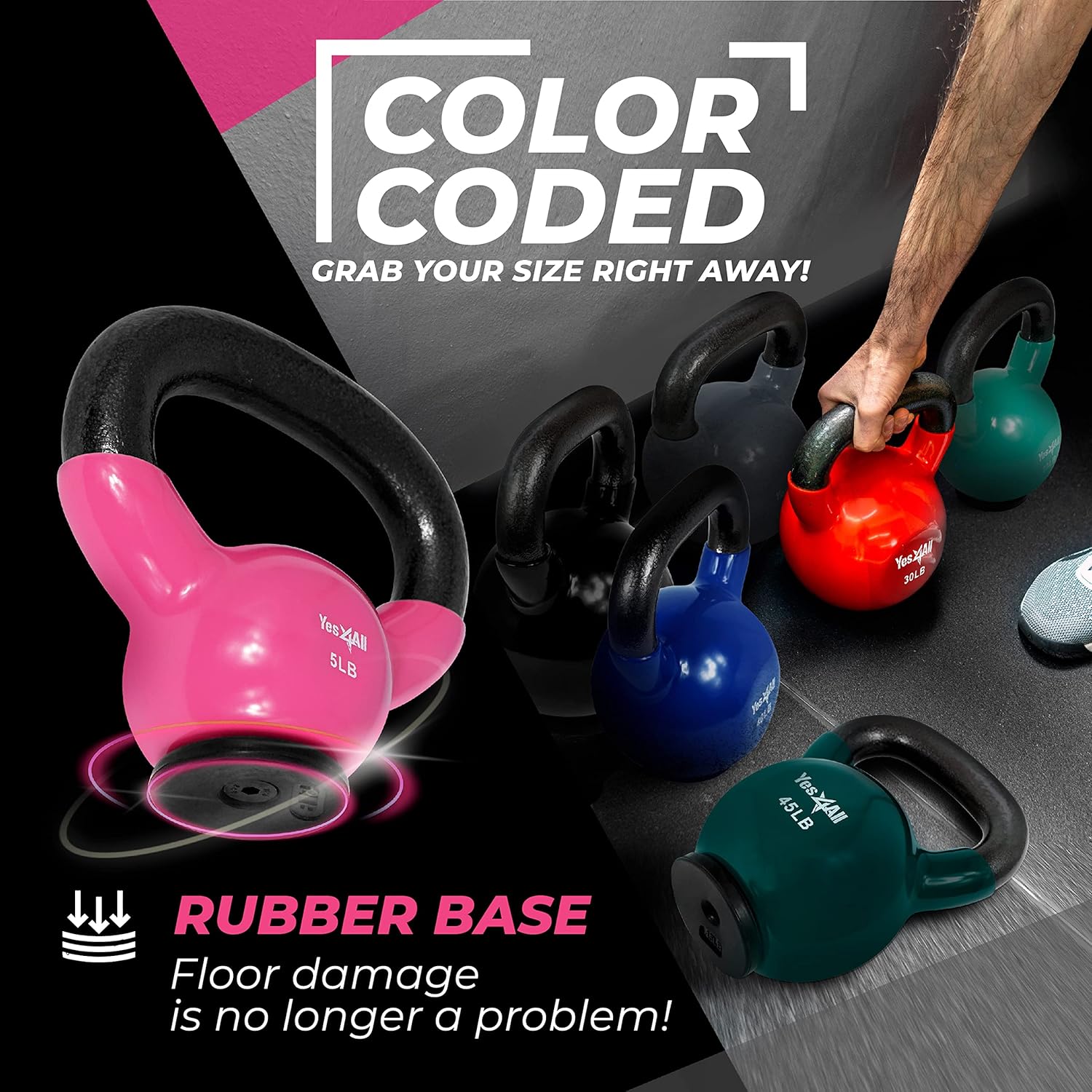 Yes4All Kettlebells Rubber Base, Kettlebell Set for Women, Strength Training Kettlebells Weights (10-65 lbs)