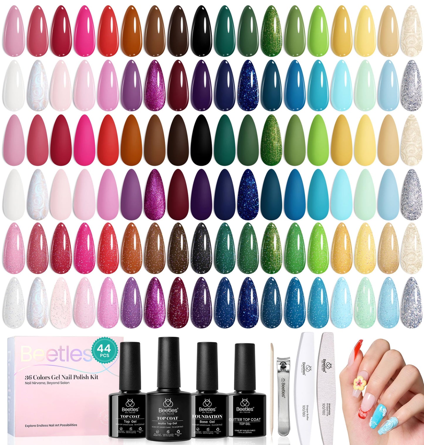 Beetles 110 PCS Gel Nail Polish Set, 100 Colors Infinite Inspiration All Season Red Brown Green Black Gel Polish with 5Pcs Base Top Coat Soak off UV Gel for Manicure Lovers DIY at Home Gifts for Women