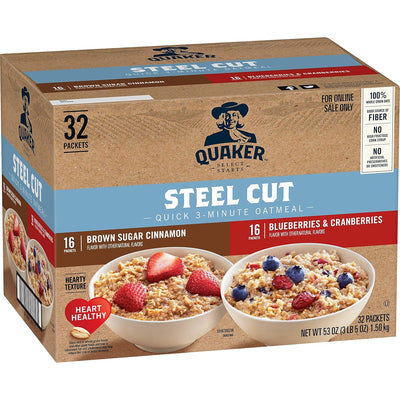 Quaker Steel Cut Quick 3-Minute Oatmeal, 2 Flavor Variety Pack, Individual Packets, 32 Count