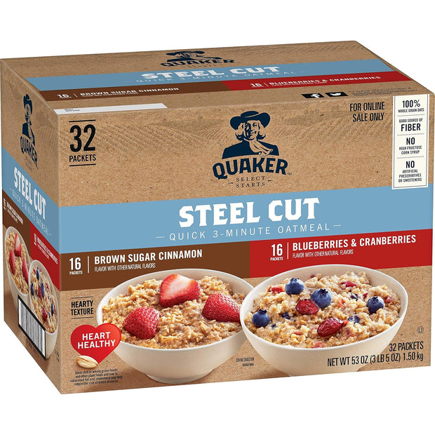 Quaker Steel Cut Quick 3-Minute Oatmeal, 2 Flavor Variety Pack, Individual Packets, 32 Count