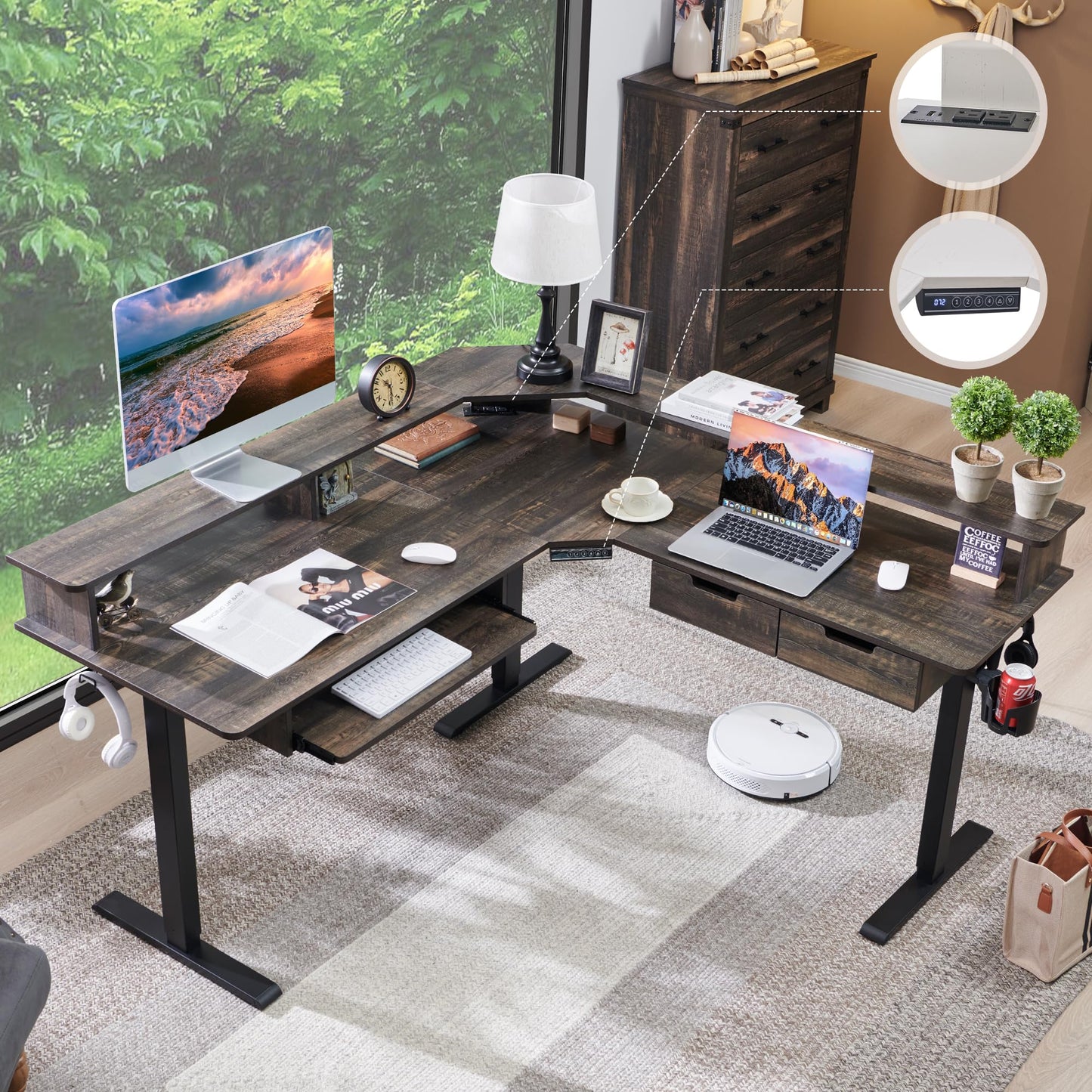 RedLemon 60 Inches L Shaped Electric Standing Desk, Height Adjustable Corner Gaming Desk with Drawers, Keyboard Tray, Power Outlets & LED Lights, Computer Desk with Monitor Shelf, Antique White
